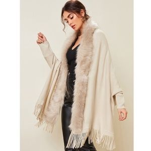 Fur and Fringe Detail Open Beige Cardigan